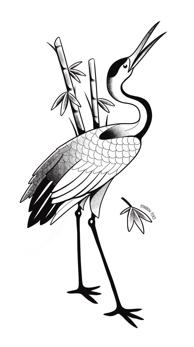 Available Crane with bamboo tattoo design by Sparrow Flies