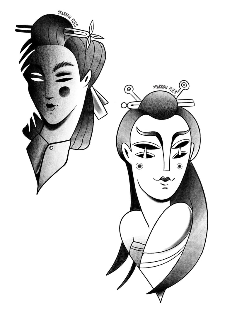 Available Old school geishas tattoo designs by Sparrow Flies