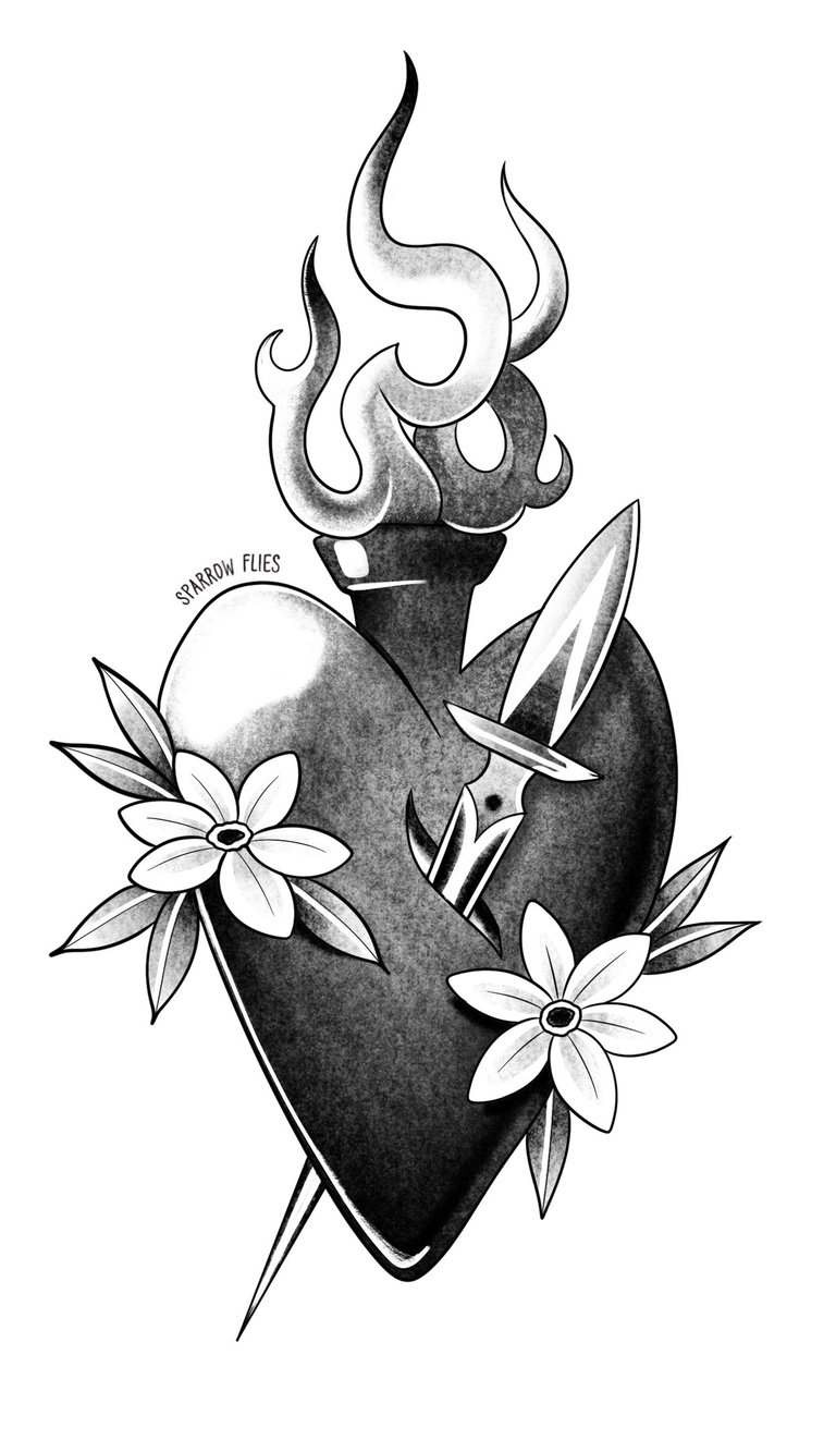 Available neo-traditional sacred heart tattoo design by Sparrow Flies