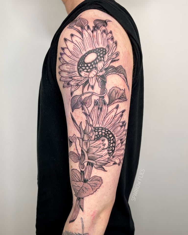 Neo-traditional sunflowers tattoo design by Agnė