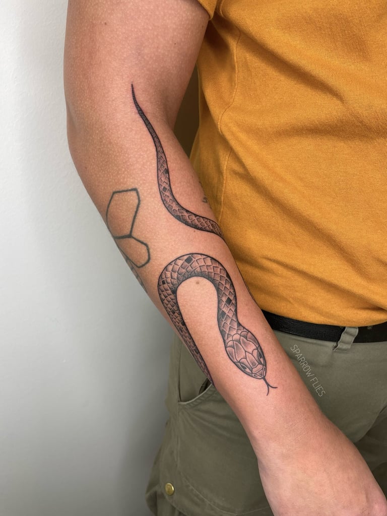 Neo-traditional snake tattoo on the front of forearm