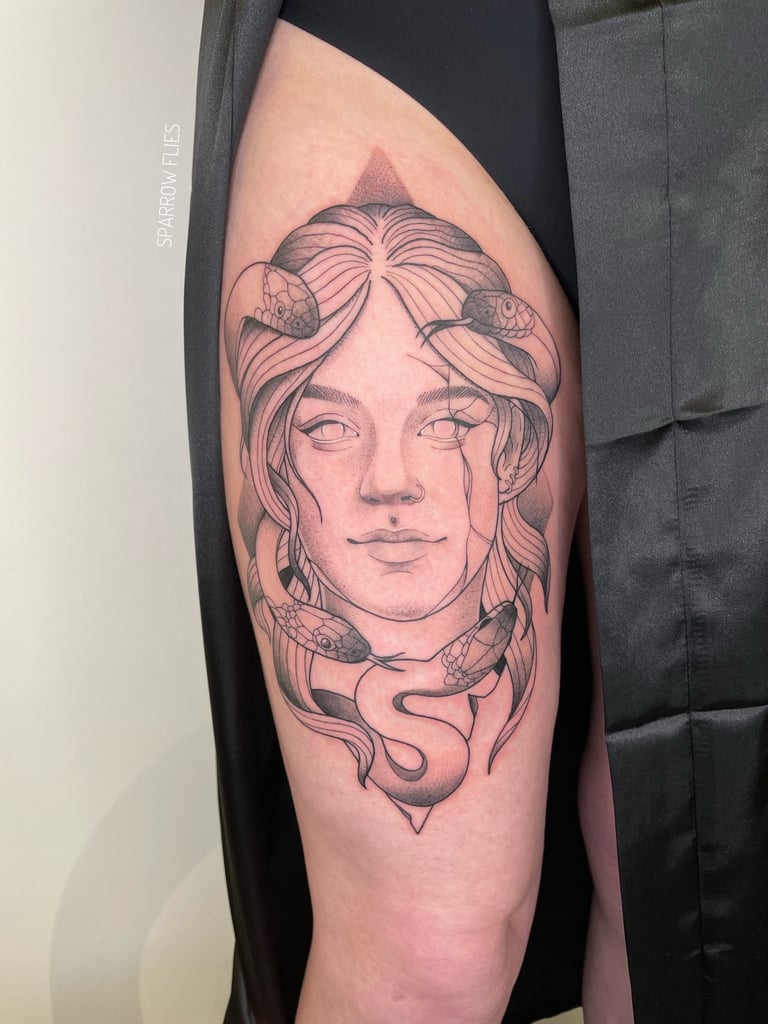 Neo-traditional medusa sculpture with snakes tattoo on the  thigh