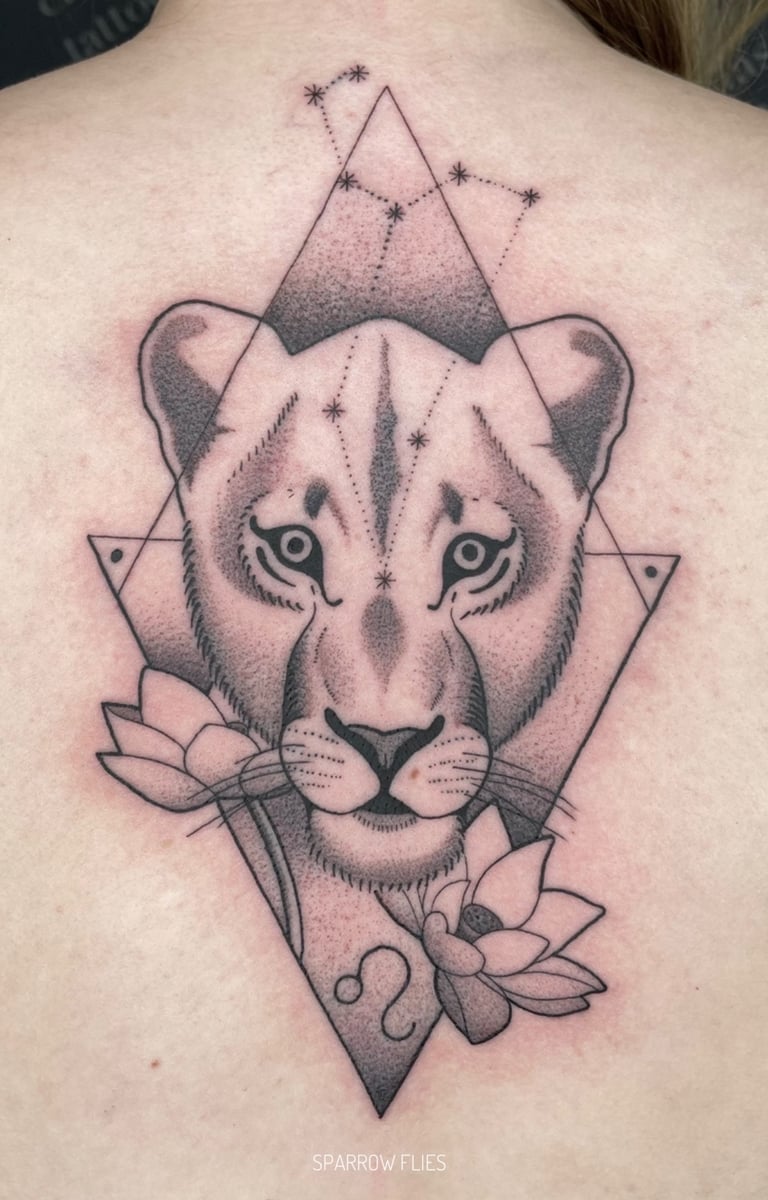 Neo-traditional lioness tattoo design on the back