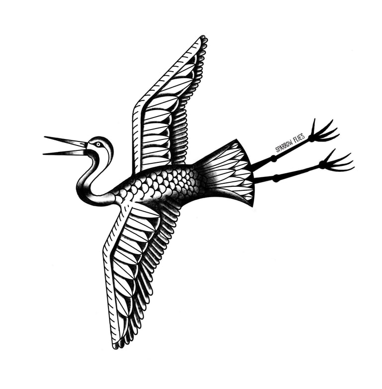 Blackwork ornamental crane tattoo design