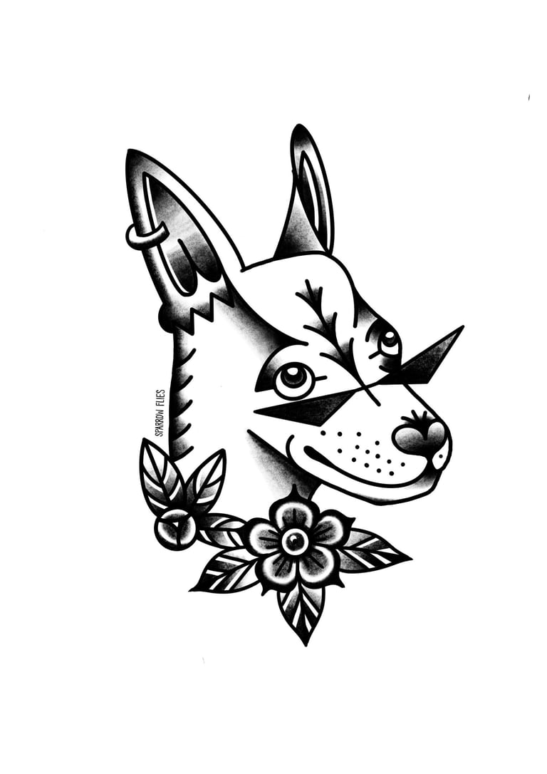 Funky old school dog’s tattoo with sunglasses 