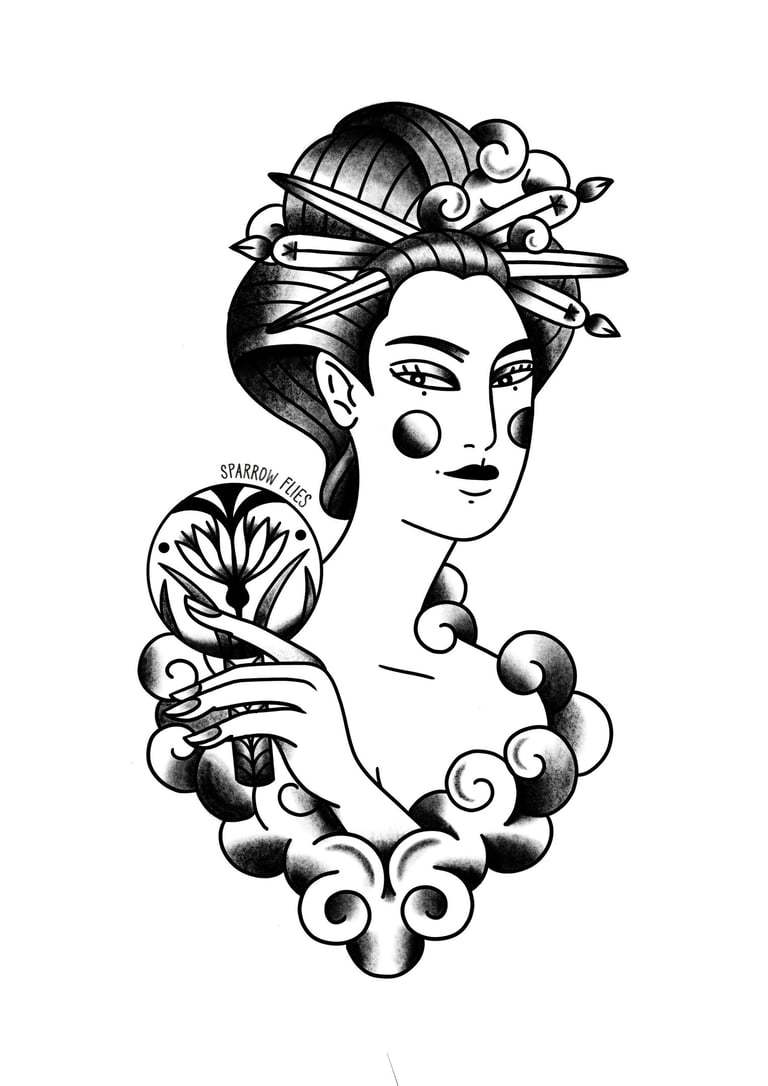 Old school traditional geisha with a fan tattoo design