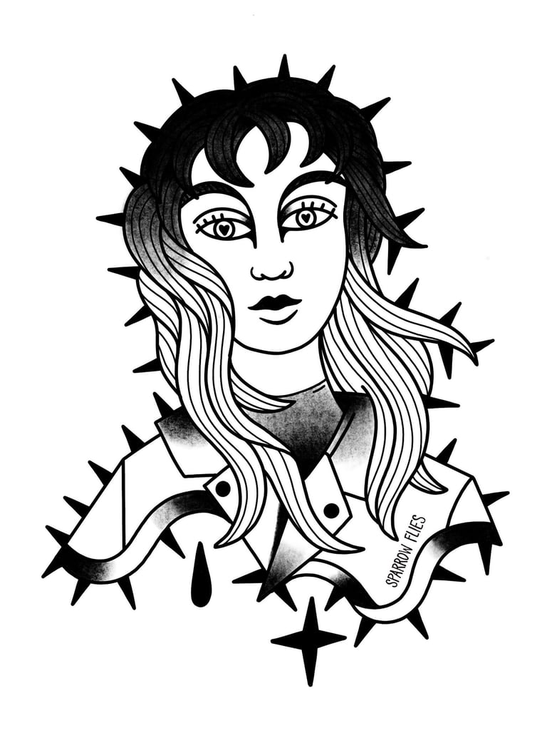 Available Old school woman with heart eyes tattoo design