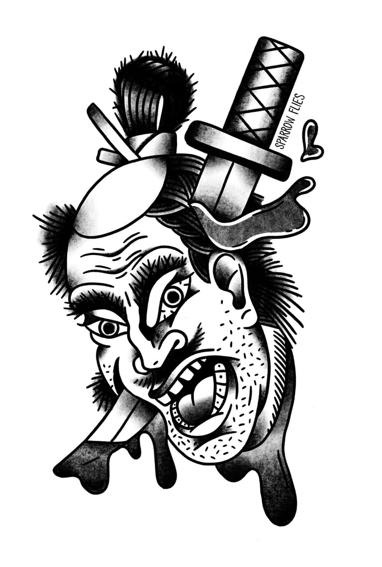Angry samurai with a sword in his head available tattoo design