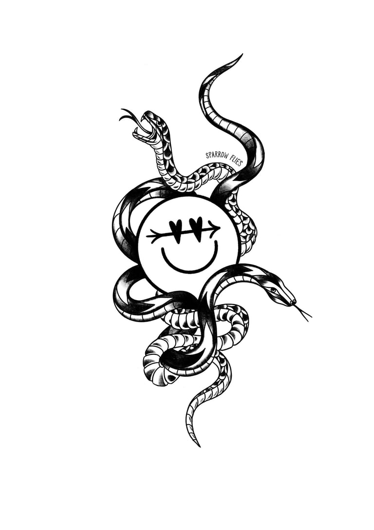 Old school funky smiley and snake tattoo