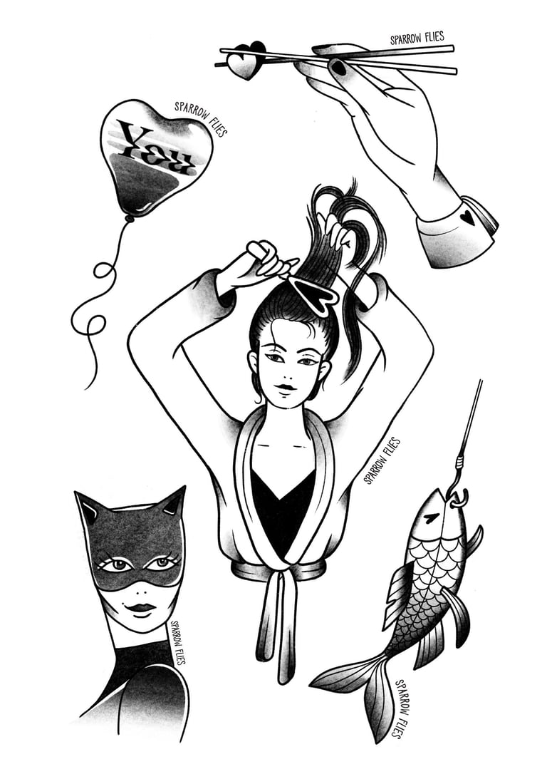 Available tattoo designs: heart balloon, fish, woman with brush and catwoman