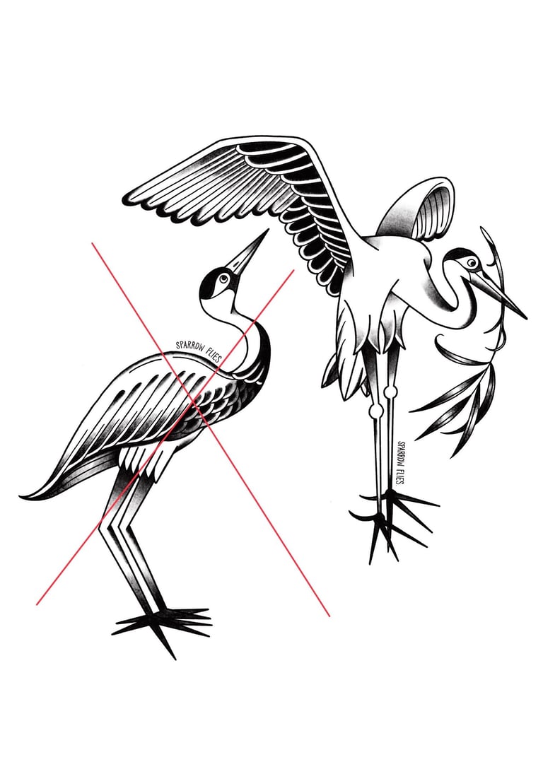 Crane tattoo design with leaves