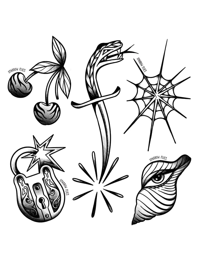 Old school available tattoo designs - lock, cherries, dagger, spider web and shell