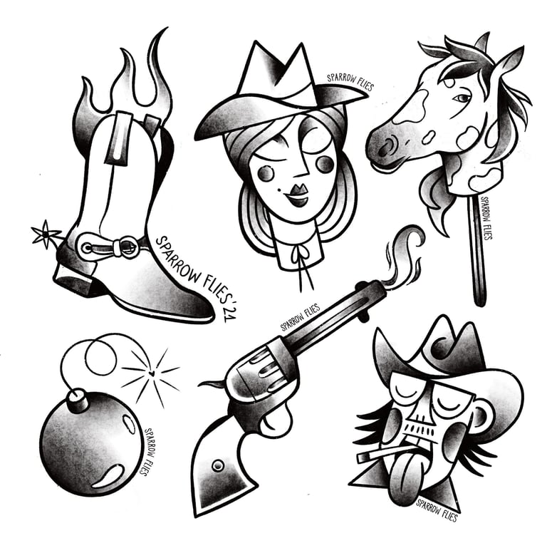 Western inspired old school tattoo flashes