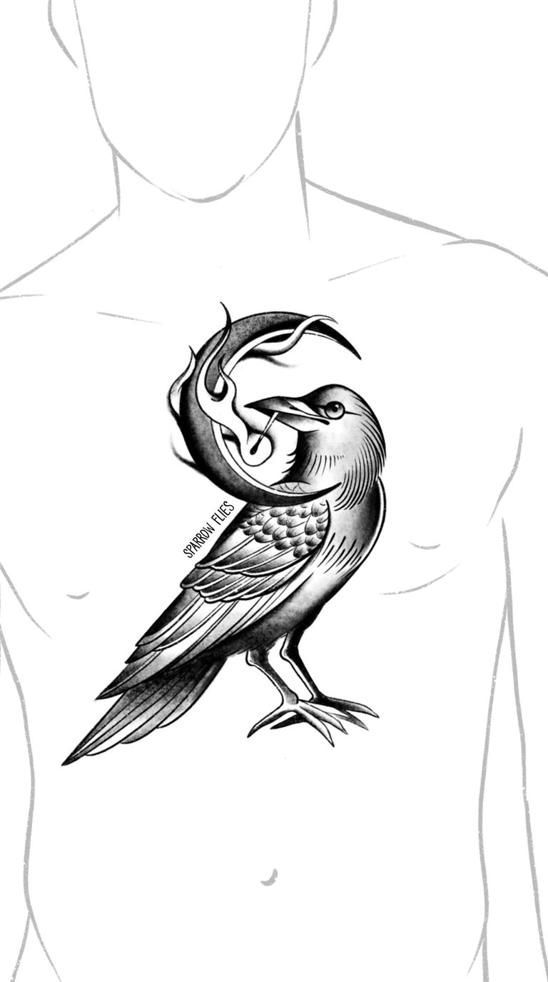 Burning moon with raven tattoo design in old school style