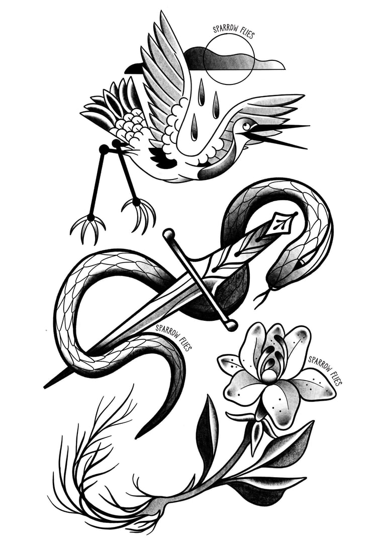 Available Neo-traditional small tattoo flashes with crane, snake and dagger and flowerr motives