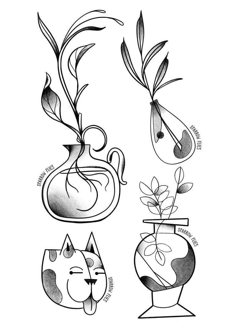 Fine-line vases with flowers and a French bulldog tattoo flashes
