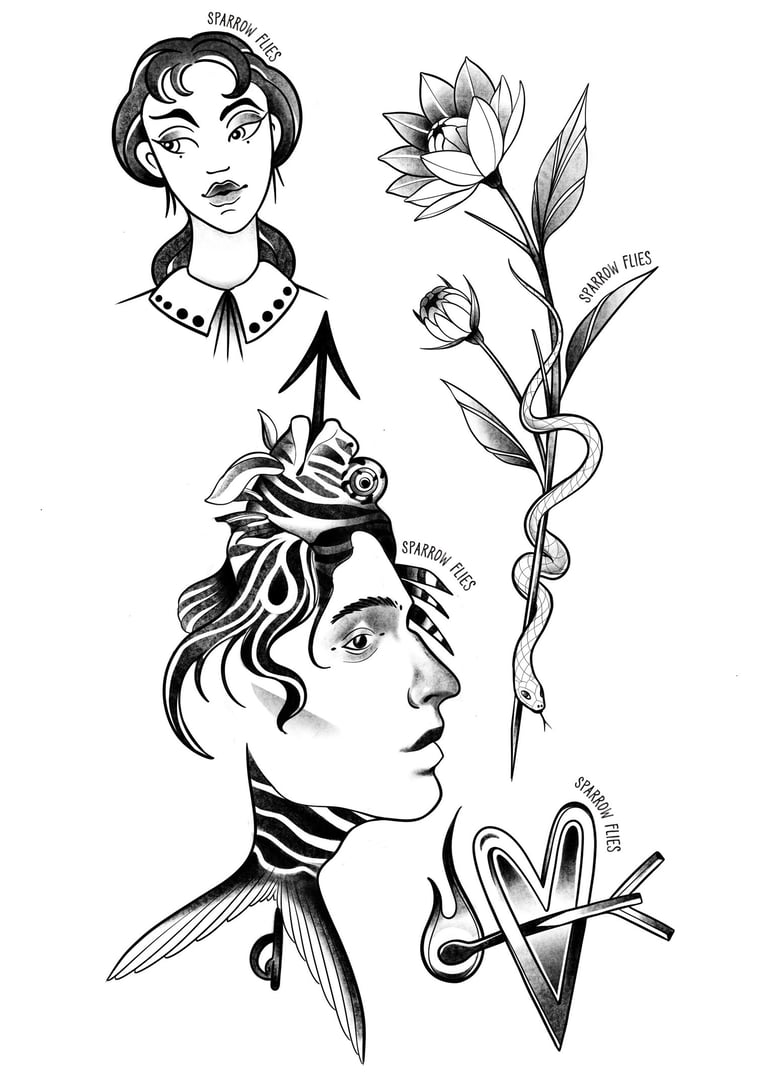 Neo-traditional tattoo flashes with flower, snake, fish, woman, heart motivs
