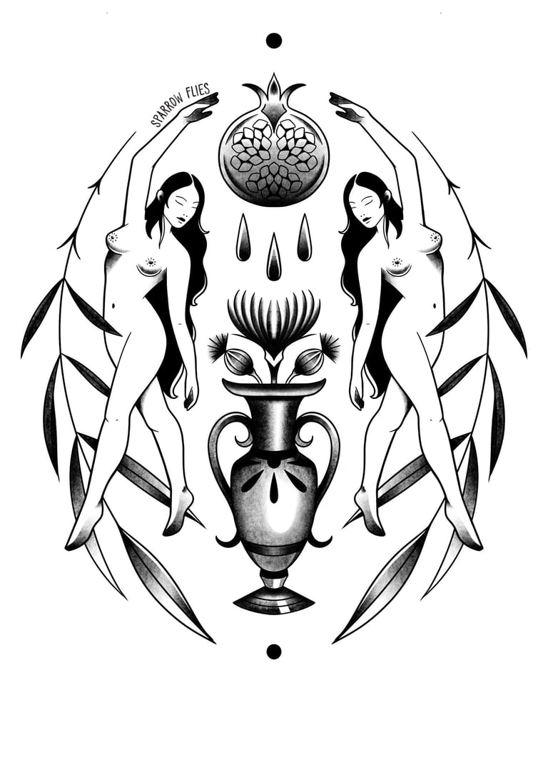 Available old school woman with leaves, vase and pomegranate tattoo design