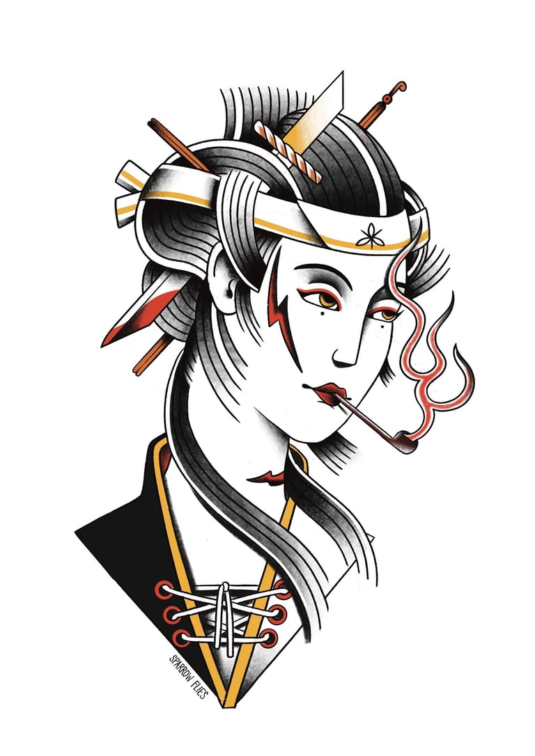 Old school gesiha with a pipe tattoo available to book