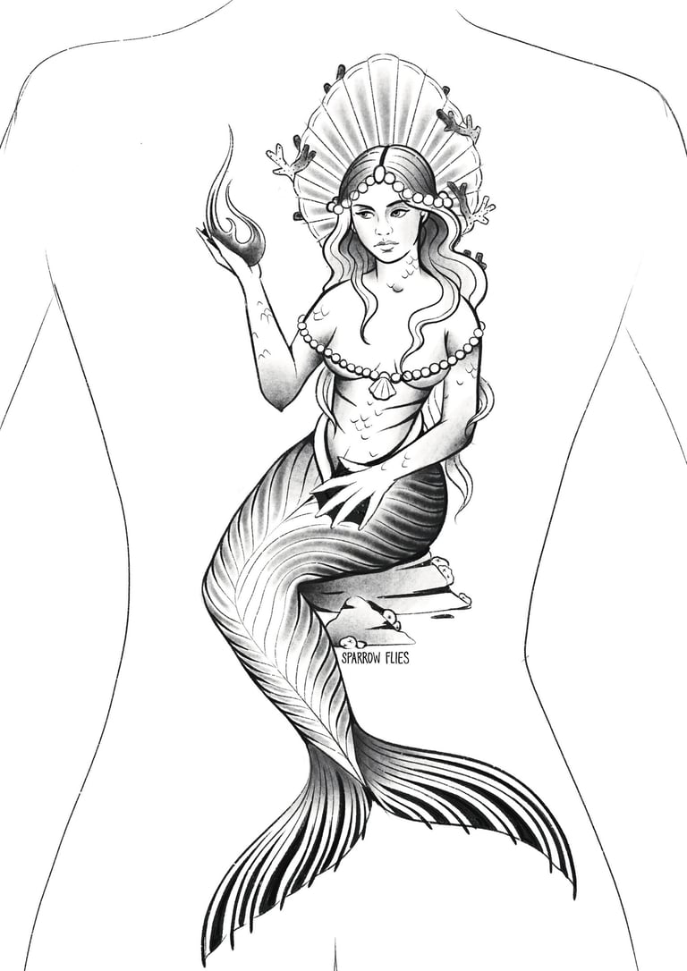 Available murmaid tattoo design for the back
