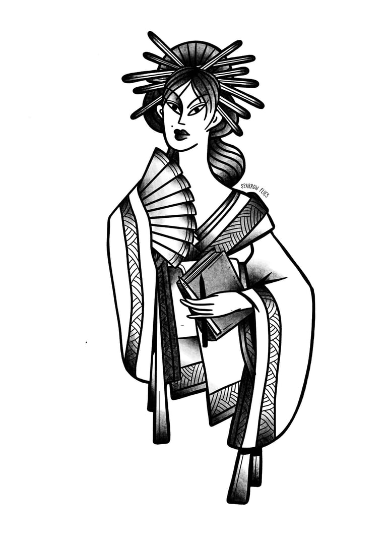 Old school geisha with books tattoo design ready for booking