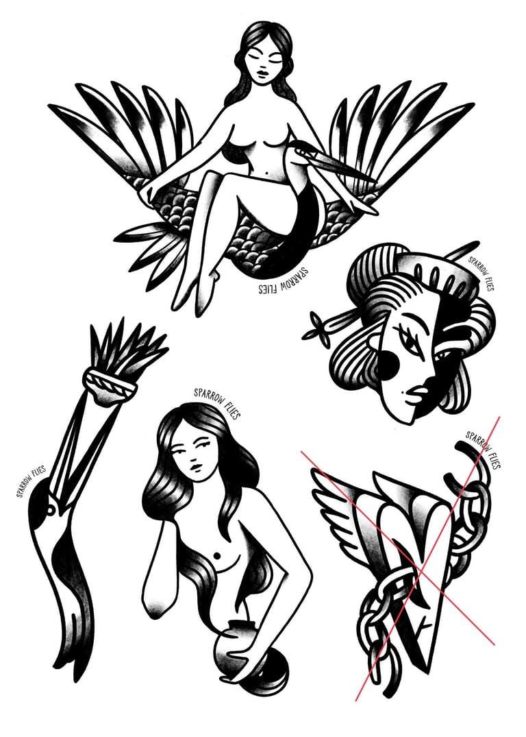 Woman, geishas, crane wanna-do tattoo designs