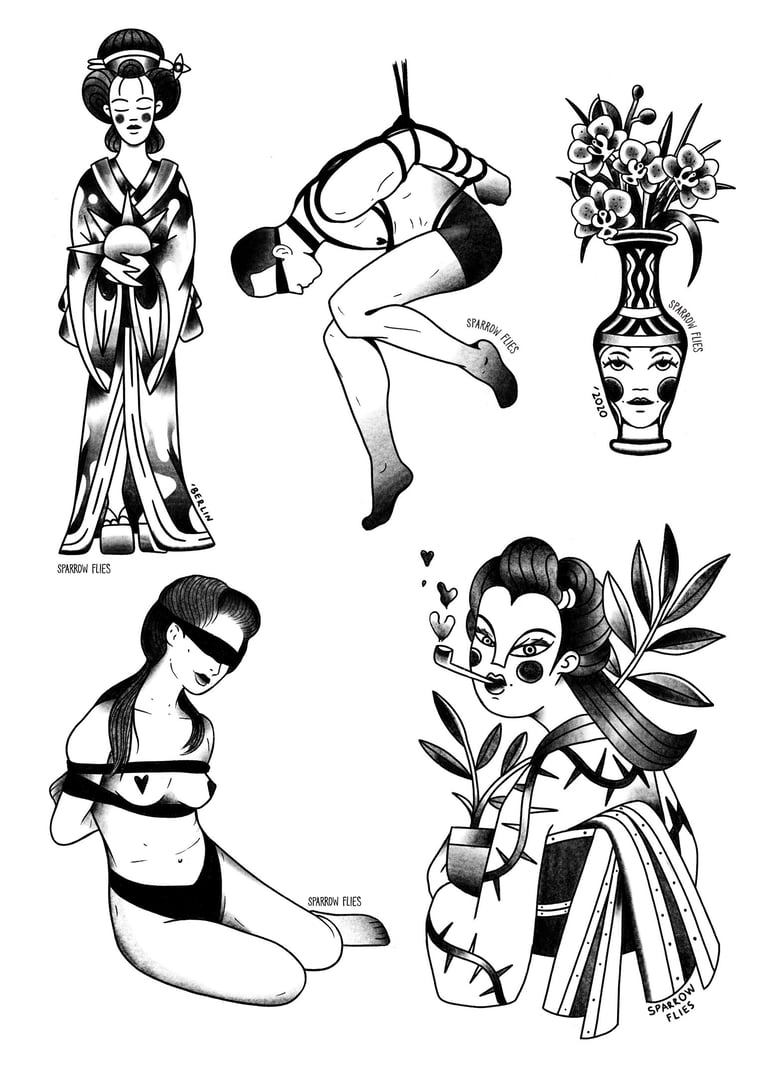 Available geishas, vase with flowers tattoo designs