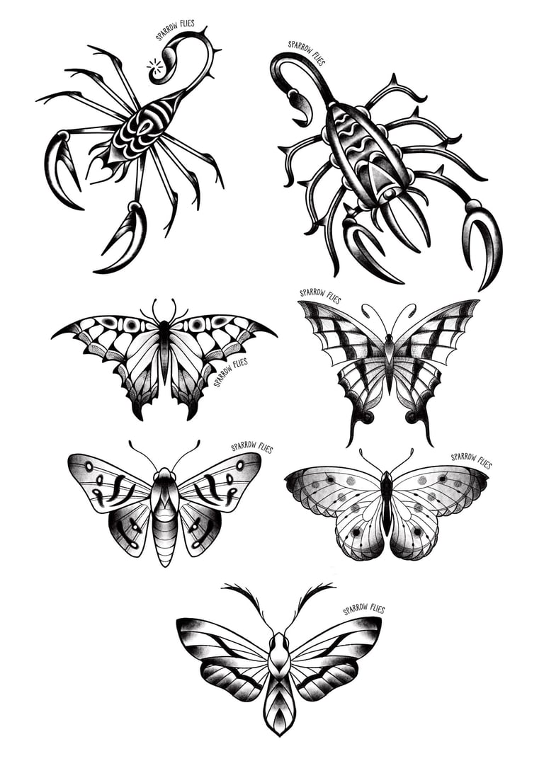 Available scorpios and butterflies tattoo design