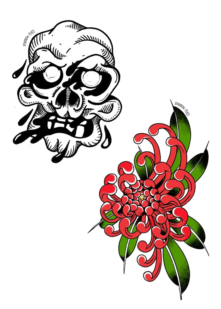 Available tattoo designs - angry skull and chrysanthemum in color