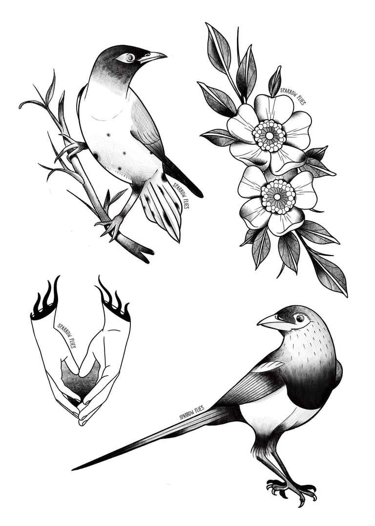 Available birds flowers and hands tattoo flashes