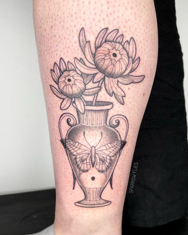Neo-traditional peonies and vase tattoo design by Agnė