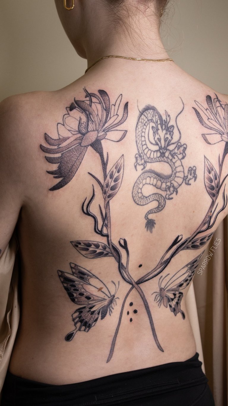 Neo-traditional flowers and butterflies tattoo design