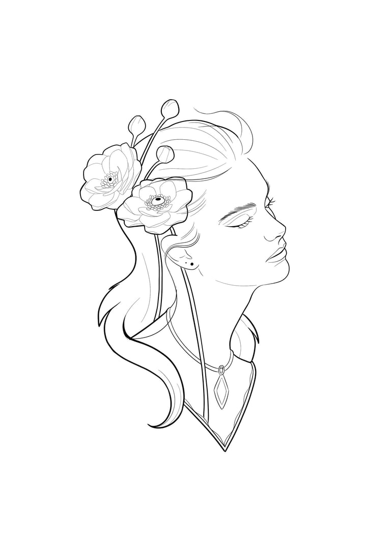 Available fineline woman with flowers tattoo design