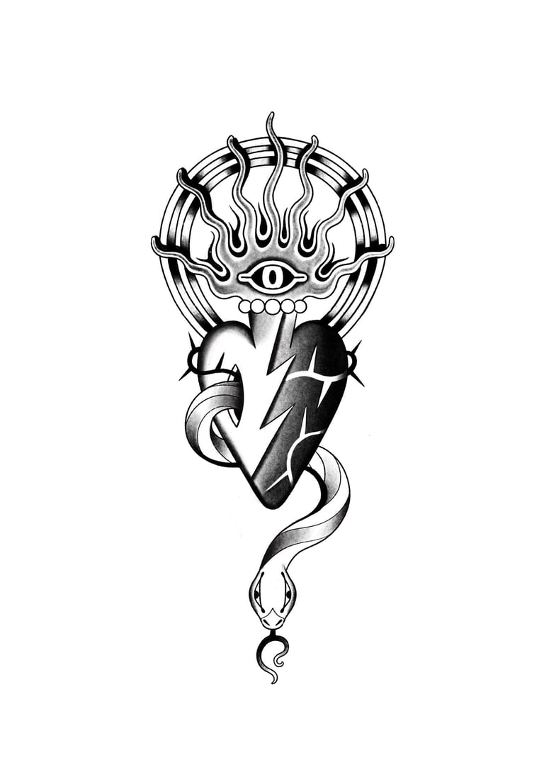 Old school sacred heart with snake and flames tattoo design