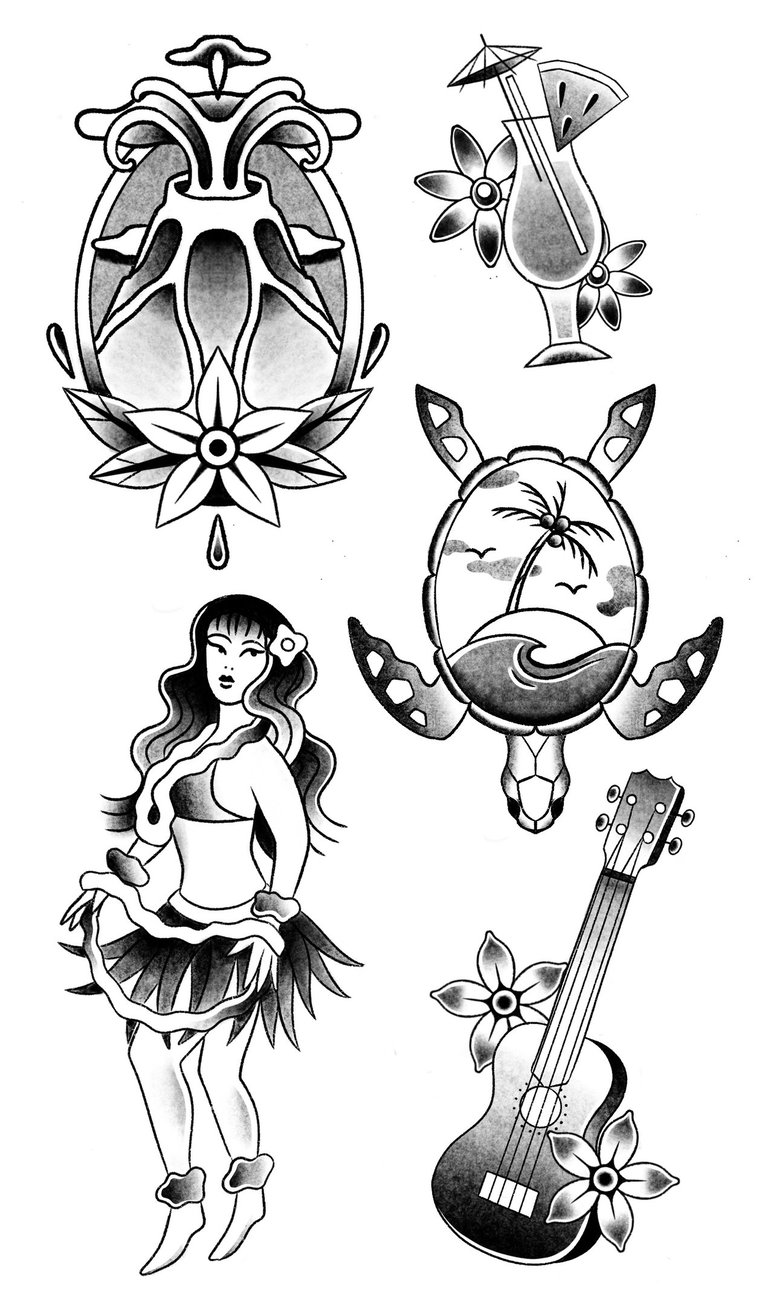 Island inspired free wanna-do flashes with vulcano, turtle, woman and cocktail