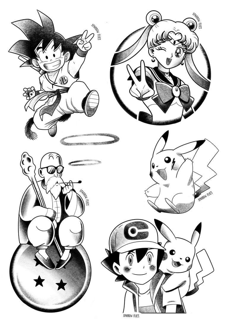 Anime inspired blackwork tattoo designs
