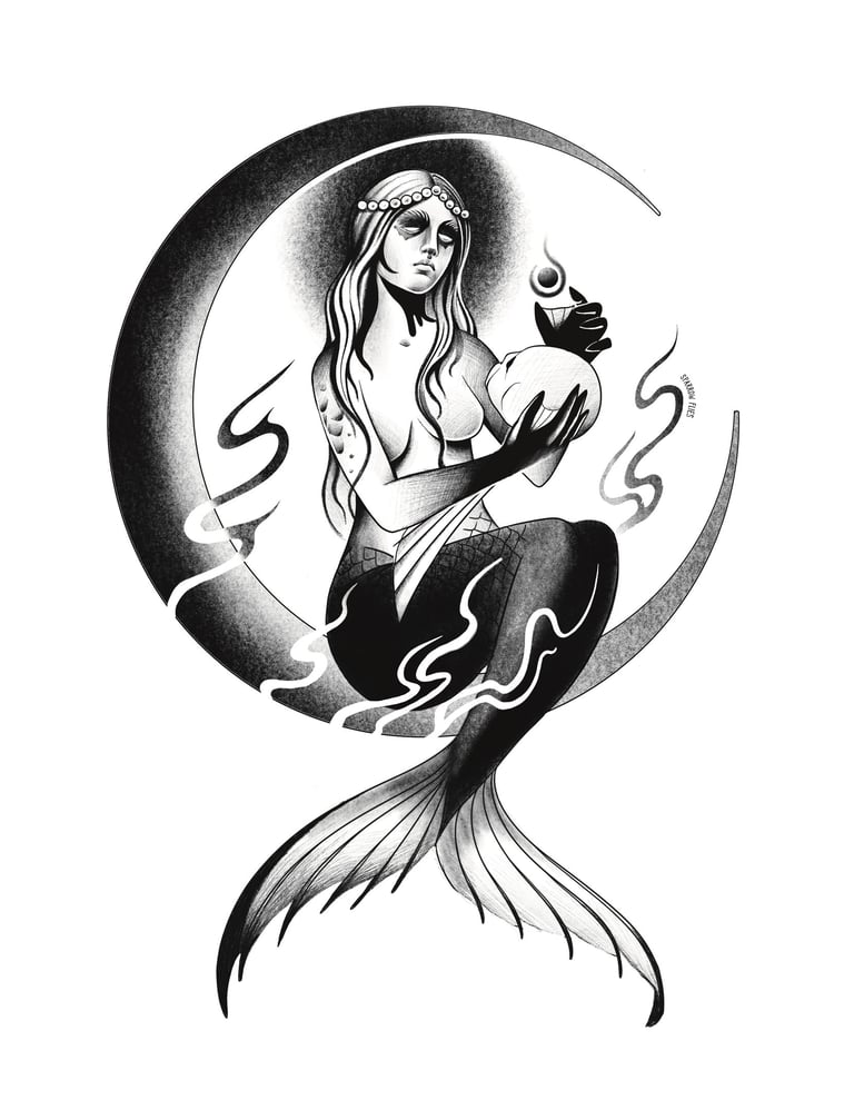Blackwork murmaid with skull tattoo flash