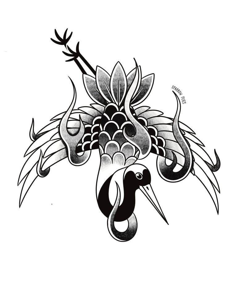 Available Old school flaming crane tattoo design