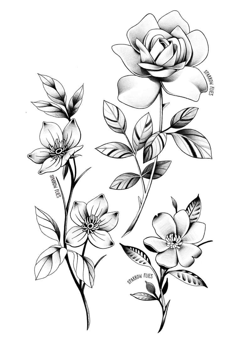 Available fine-line flowers tattoo designs by Sparrow Flies