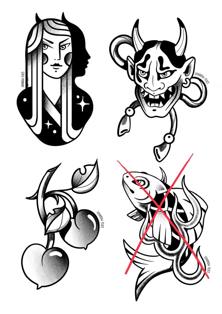 Available Old school tattoo designs by Sparrow Flies