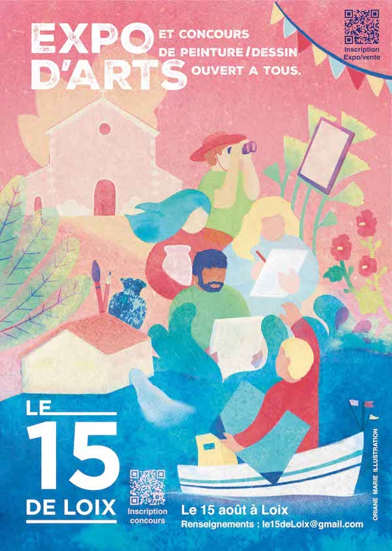 Affiche illustrée de l'évènement du 15 de loix représentant différents artistes avec en fond l'église du village