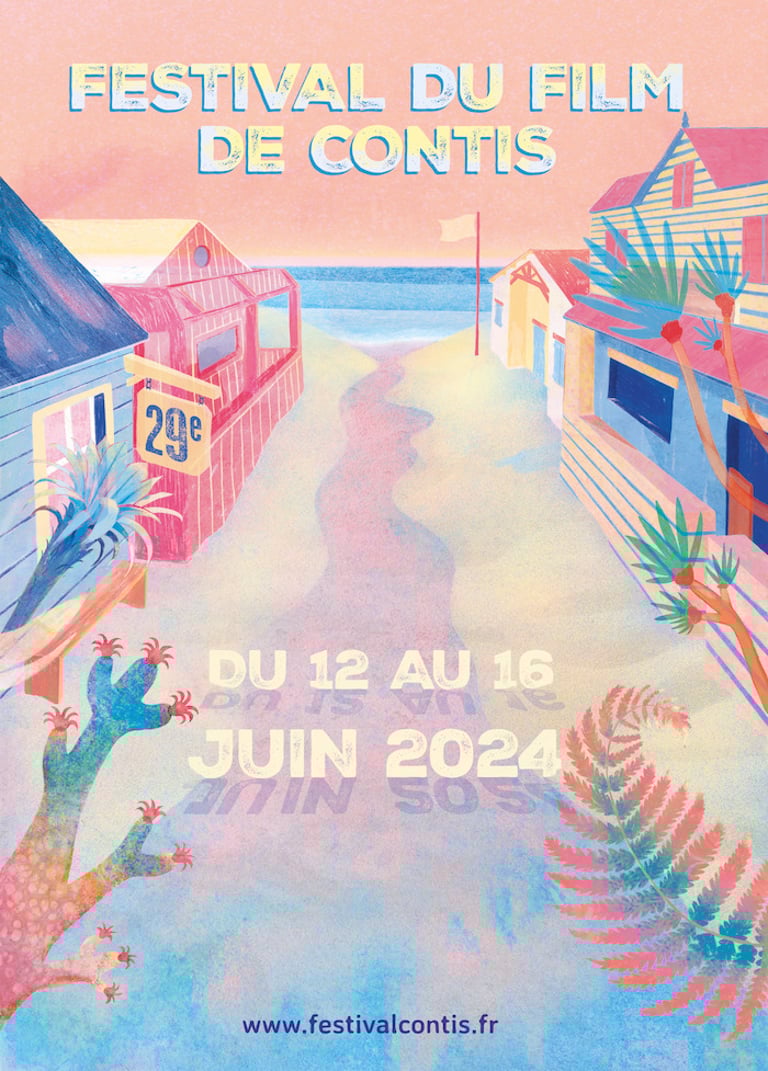 affiche illustrée du 29e festival du dilm de Contis rreprésentant une rue débouchant sur la mer