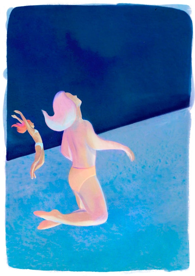 illutsration de deux baigneuses plongeant dans le ciel et la mer