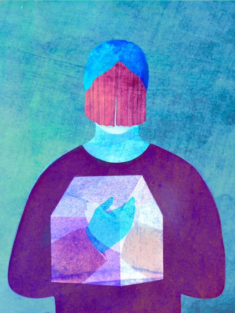 illustration d'un personnage avec un rideau de spectacle recouvrant ses yeux et les mains dans une maison