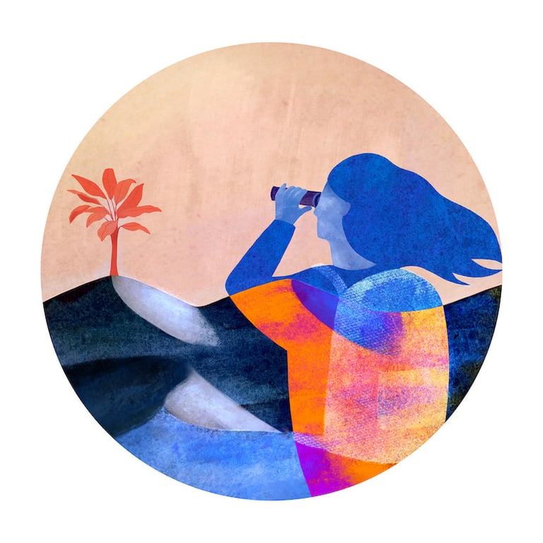 illustration d'une femme regardant aux jumelles un arbre poussant au loin sur les dunes dans un désert de sable