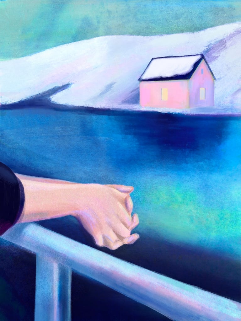 mains reposant sur une rambarde de bateau regardant un maison dans un fjord enneigé