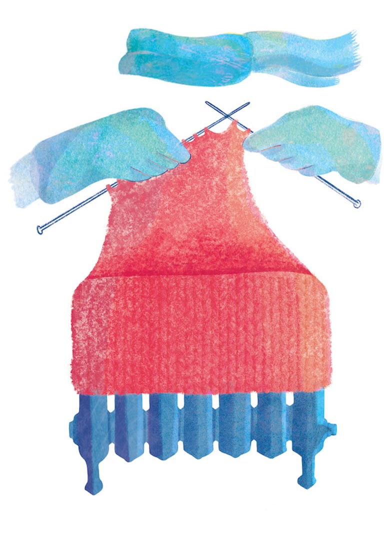illustration représentant le tricotage d'une couverture qui recouvre un radiateur