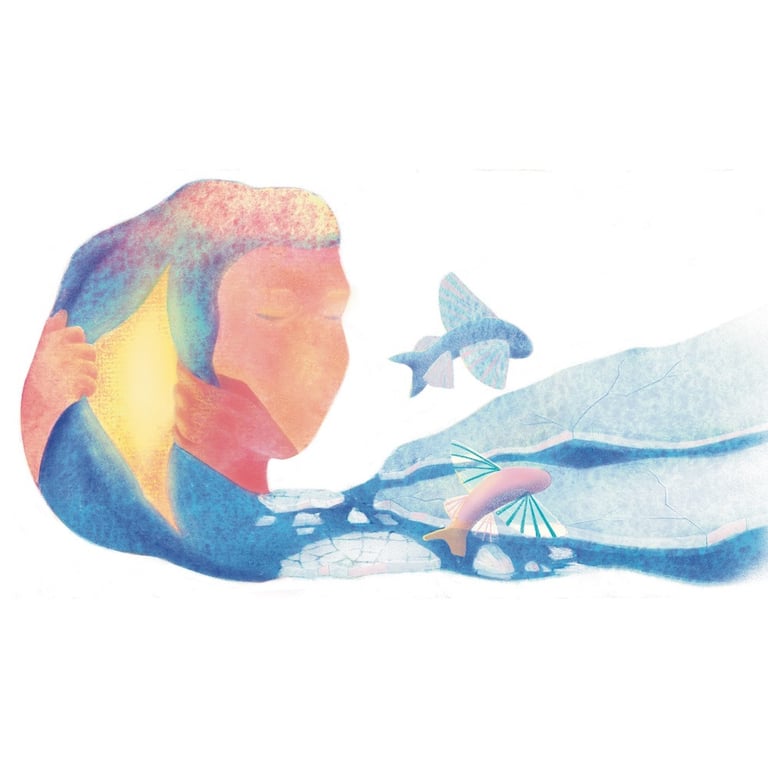 illustration d'une femme dont la chevelure laisse échapper une source glacée