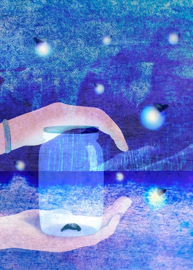 illustration d'un flacon contenant une luciole éteinte alors que de nombreuses autres brillent au dehors