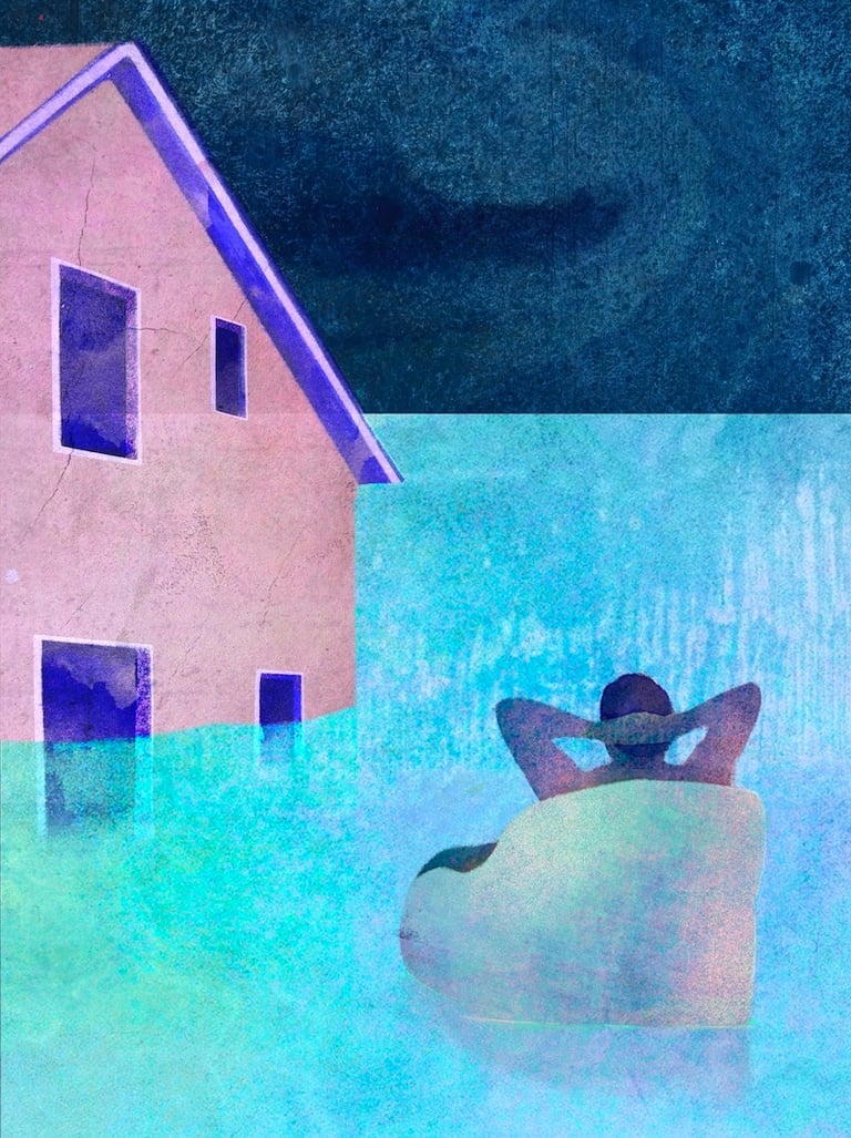 illustration d'un personnage assis dans un fauteuil flottant sur une inondation et regardant sa maison